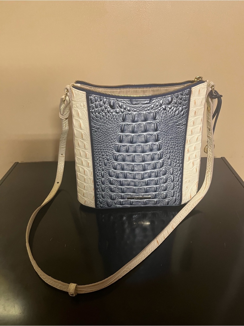 Brahmin Katie in Aquarius Lattice Navy & Cream Croc-Embossed Crossbody with COA